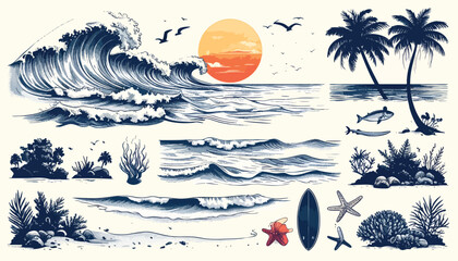 Ocean themed collage with waves, islands, and beach elements