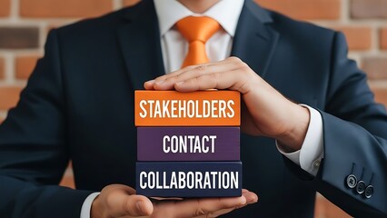 Professional executive carefully builds foundation blocks representing stakeholders contact and collaboration for business success