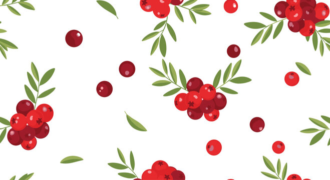 Bright seamless pattern featuring clusters of fresh red cranberries with delicate green leaves scattered on a crisp white background.