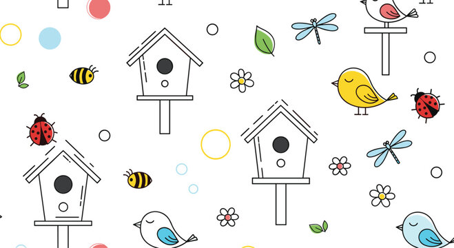 Charming seamless spring pattern with cute line art illustrations of birdhouses, birds, bees, and flowers on a white background.