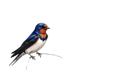 Blue and Orange Barn Swallow Bird Illustration Perched on Twig isolated PNG with Transparent Background