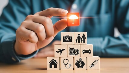 Securing your future building comprehensive protection with blocks representing family health wealth and travel insurance