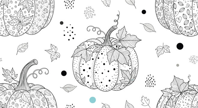 Intricate black and white seamless coloring pattern with highly detailed zentangle pumpkins and delicate falling autumn leaves.