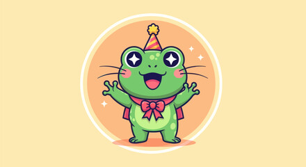 Cartoon frog illustration with party hat and accessories on yellow background
