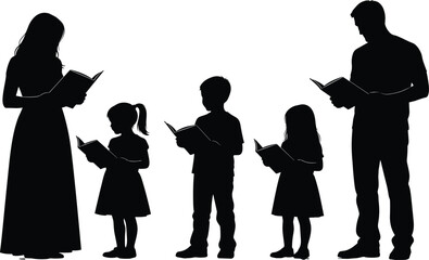 Family of Five Silhouette Reading Together, Representing Education, Literacy, and Quality Time Spent Learning in a Group.