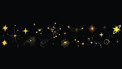 Stars, galaxies, constellations drawn in golden hues on black