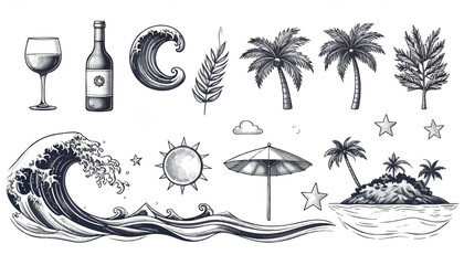 Black and white summer vacation themed drawing
