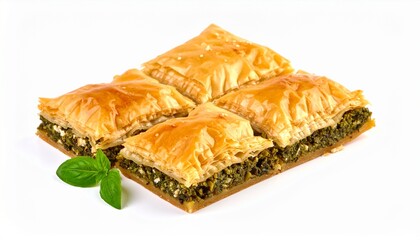 Freshly baked greek spinach pie spanakopita on white