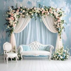 Floral arch backdrop with light blue drapes, white couch and chairs