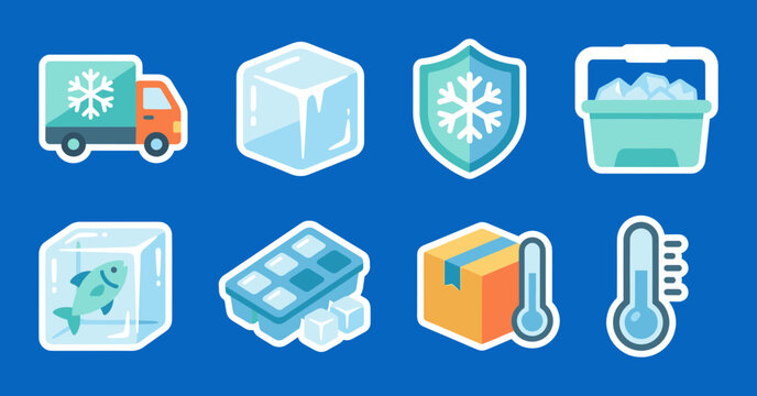 Cold chain logistics and refrigeration flat sticker icons set: frozen food, ice, temperature control, and insulated container symbols on a blue background.
