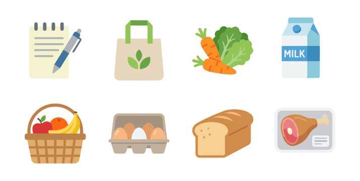 Grocery shopping and essential food items flat icons set: checklist, eco bag, vegetables, milk, fruits, eggs, bread, and meat illustrations.