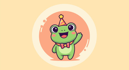 Cartoon frog wearing party hat waving hello on a light yellow background