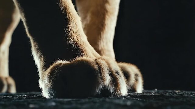 Close Up Of A Lion's Paw In Dramatic Lighting On A Dark Background With Tiny Water Droplets