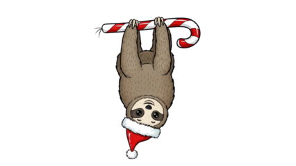 Cute Cartoon Sloth Wearing Santa Hat Hanging from Candy Cane Isolated Illustration isolated PNG with Transparent Background