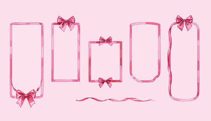 Pink frames/ribbons with bows of different shapes on pink