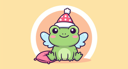 Cartoon frog with wings and hat sitting on a pillow vector illustration