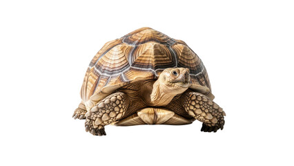 Fototapeta premium Brown land tortoise with textured shell facing forward isolated PNG with Transparent Background