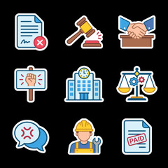 Labor Law and Workplace Dispute Flat Vector Icon Set Including Rejected Document Gavel Handshake Protest Sign Court Balance Angry Chat Worker and Paid Symbols