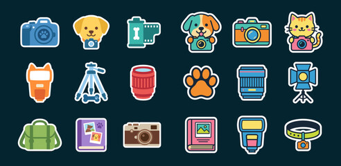 Photography Equipment and Pet Camera Vector Icon Set: DSLR, Lens, Tripod, Flash, Film, and Animal Photography Graphic Elements