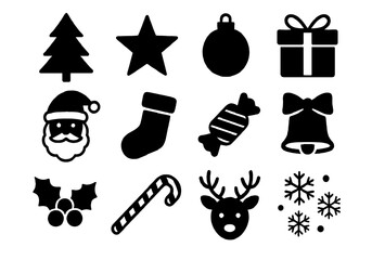Christmas Holiday Icon Set – Festive Silhouettes of Tree, Star, Santa, Reindeer, Snowflakes & Gifts