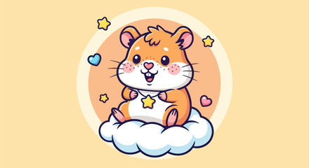 Cartoon hamster on cloud with stars and hearts illustration isolated