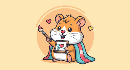 Cartoon hamster painting a heart with paintbrush and art board vector illustration
