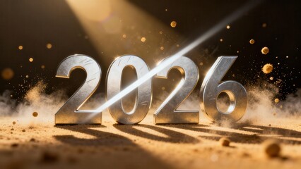 Metallic numerals representing the year twenty twenty six emerge from a dusty ground bathed in dramatic light.
