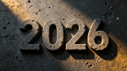 Year twenty twenty six numerals carved deeply into a textured concrete surface illuminated by dramatic lighting