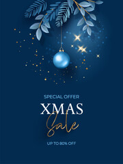 New Year and Christmas sale poster. Luxurious dark blue background with gold graphic elements and glitter