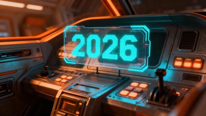 Futuristic spacecraft cockpit console displays the year two thousand twenty six on a glowing interface