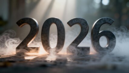 Metallic three dimensional numerals indicating the year two thousand twenty six rest upon a textured surface shrouded in low lying vapor