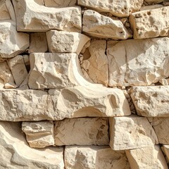 Close-up view of a textured light beige stone wall, showing irregular, interlocking blocks