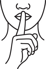  Decorum, silent, be quiet, don't talk finger and mouth hand gesture out line vector illustration icon on a white background