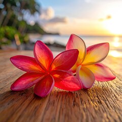 Vibrant plumeria blossoms rest on a wooden surface, bathed in golden sunset light.  Ocean and tropical vegetation create a peaceful backdrop