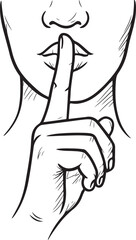 Decorum, silent, be quiet, don't talk finger and mouth hand gesture out line vector on a white background