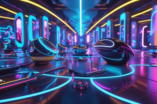 AI Surreal CES Gadgets Emerging Neon Convention Hall

