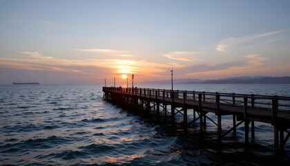 Scenic Sunset Over Ocean With Wooden Pier Extending into Serene Waters at Dusk