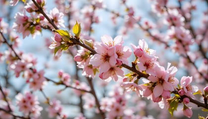 Fototapeta premium Cherry Blossom Flowers Blooming on a Branch in Bright Spring Sunshine with Clear Blue Sky