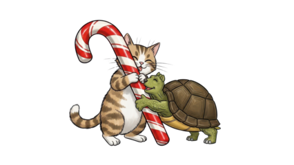 Cute Cat and Turtle Hugging Red and White Striped Candy Cane Isolated Illustration isolated PNG with Transparent Background