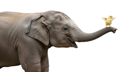 Obraz premium Baby elephant with a small yellow chick balancing on its raised trunk isolated PNG with Transparent Background