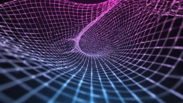 Seamlessly looping abstract digital grid pattern shifting and flowing across a deep blue and magenta background, representing data connectivity geometric, texture, backdrop