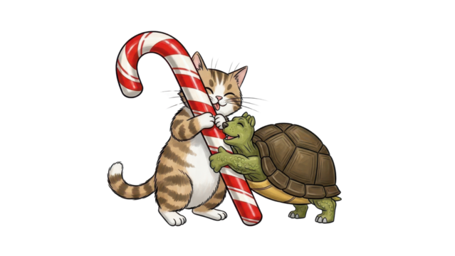 Cute Cat and Turtle Hugging Red and White Striped Candy Cane Isolated Illustration isolated PNG with Transparent Background - Powered by Adobe