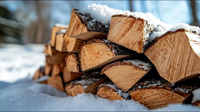 A snow-covered stack of firewood, with textured wood grain and bark exposed, sits in a winter landscape with blurred background