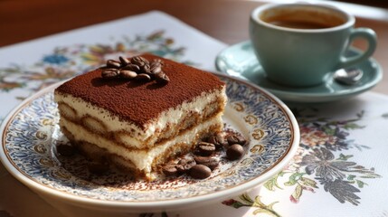 Delicious tiramisu served on decorative plate next to a cup of coffee, showcasing rich layers and coffee beans, perfect for dessert enthusiasts and culinary lovers