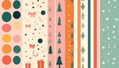 Holiday-themed pattern with trees, stars, gifts, and ornament shapes