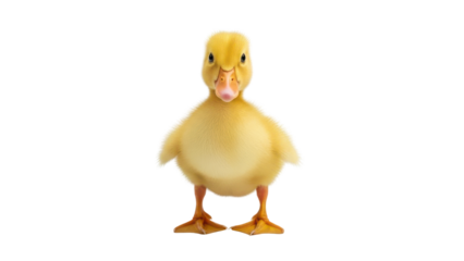 Cute fluffy yellow duckling standing and looking at camera isolated PNG with Transparent Background