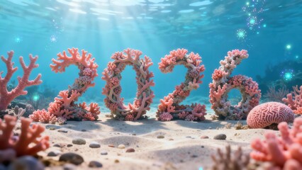 Year twenty twenty six numerals formed by delicate pink coral structures rest on sandy seabed illuminated by underwater sunlight