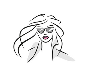 young woman wearing sunglasses, waist-up view - a vector logo, freehand drawn with a brush, stylish. Style and fashion, glamour.
