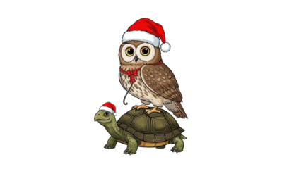 Cute Cartoon Christmas Owl and Turtle Wearing Santa Hats isolated PNG with Transparent Background