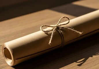 Rolled kraft paper tied with jute string in warm natural light 